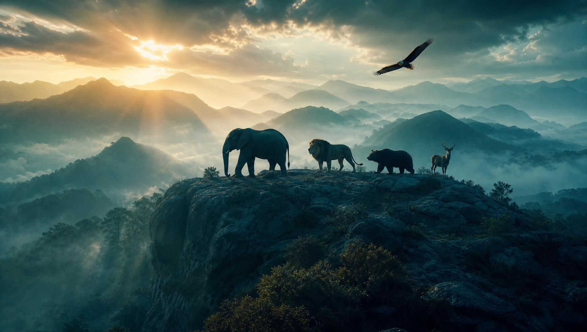 Wildlife at dawn on a misted mountain ridge